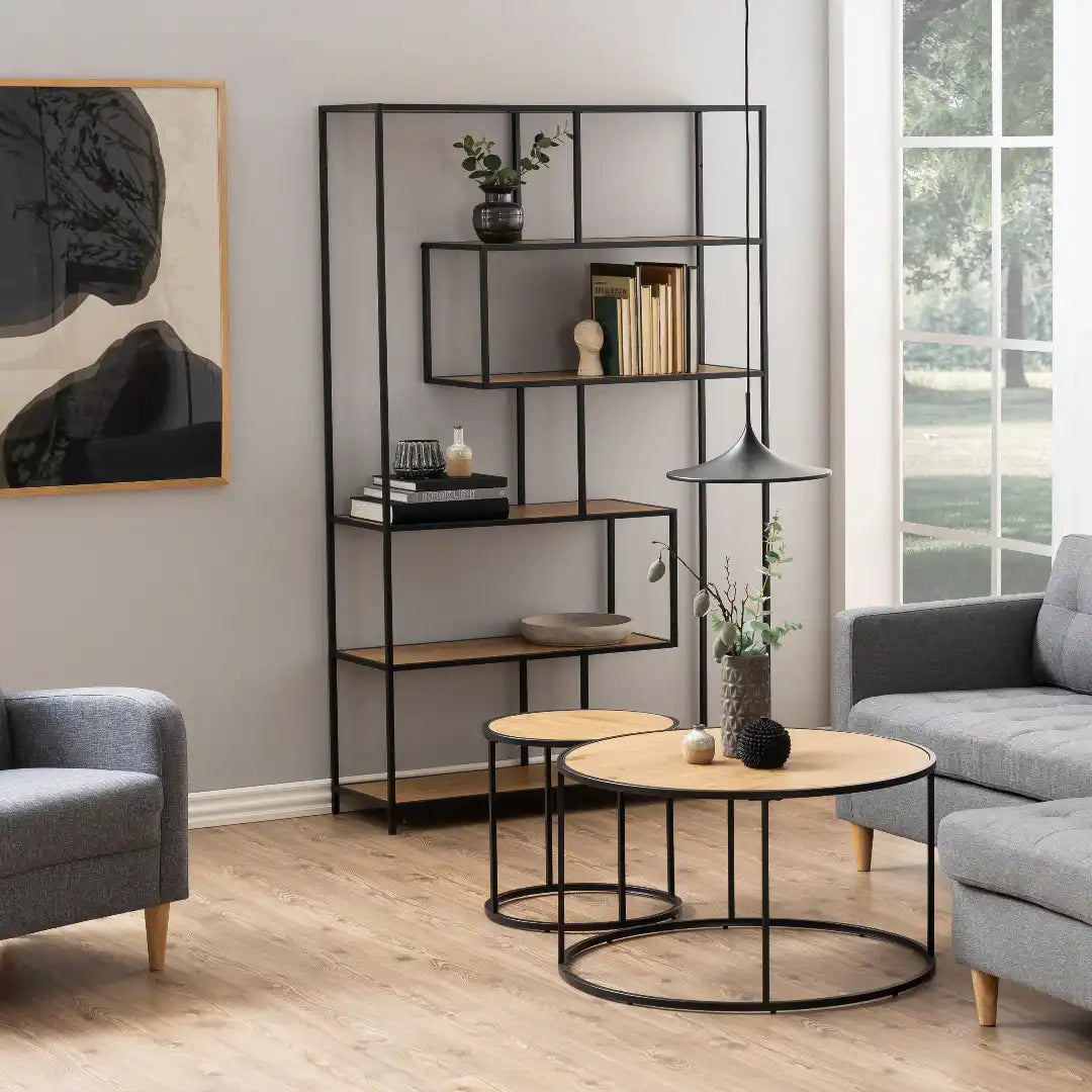 Seaford Black Metal Large Asymmetrical Bookcase with 5 Oak Shelves - Price Crash Furniture