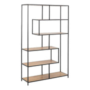 Seaford Black Metal Large Asymmetrical Bookcase with 5 Oak Shelves - Price Crash Furniture