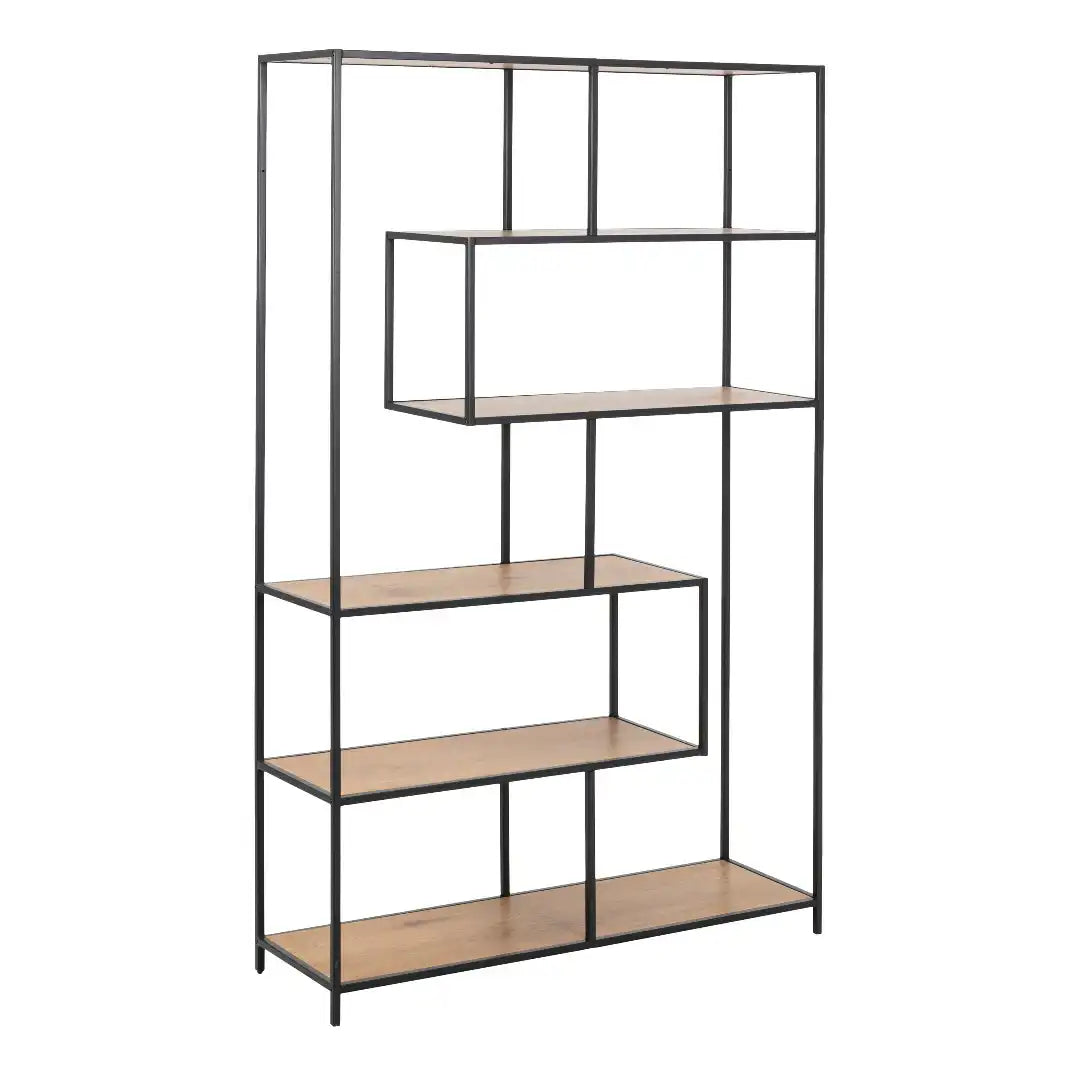 Seaford Black Metal Large Asymmetrical Bookcase with 5 Oak Shelves - Price Crash Furniture