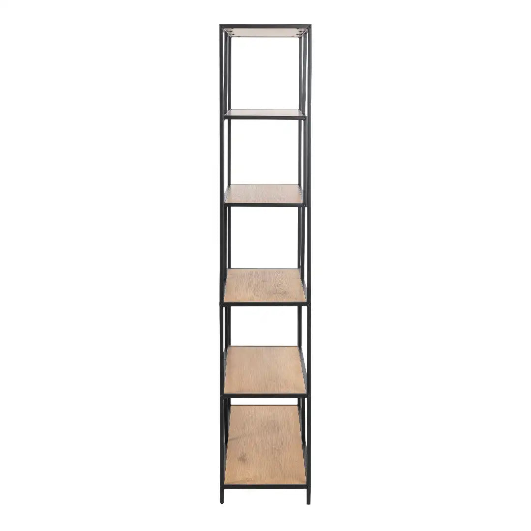 Seaford Black Metal Large Asymmetrical Bookcase with 5 Oak Shelves - Price Crash Furniture