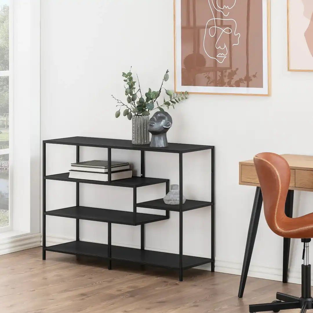 Seaford Wide Black Metal Bookcase with 4 Black Oak Shelves - Price Crash Furniture