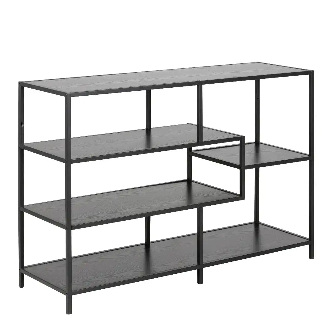 Seaford Wide Black Metal Bookcase with 4 Black Oak Shelves - Price Crash Furniture