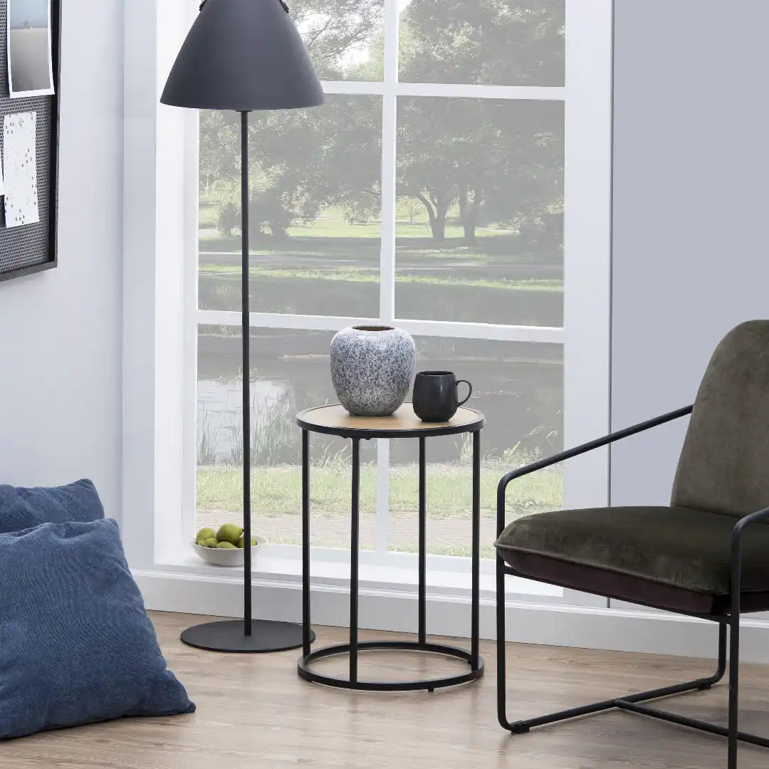 Seaford Black Metal Small Round Side Table with Oak Top - Price Crash Furniture