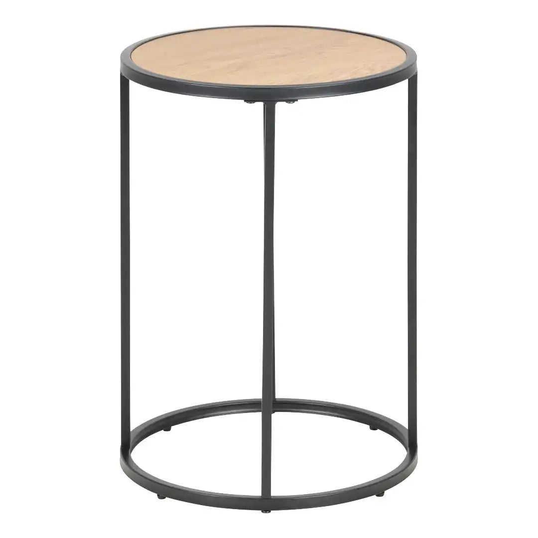 Seaford Black Metal Small Round Side Table with Oak Top - Price Crash Furniture