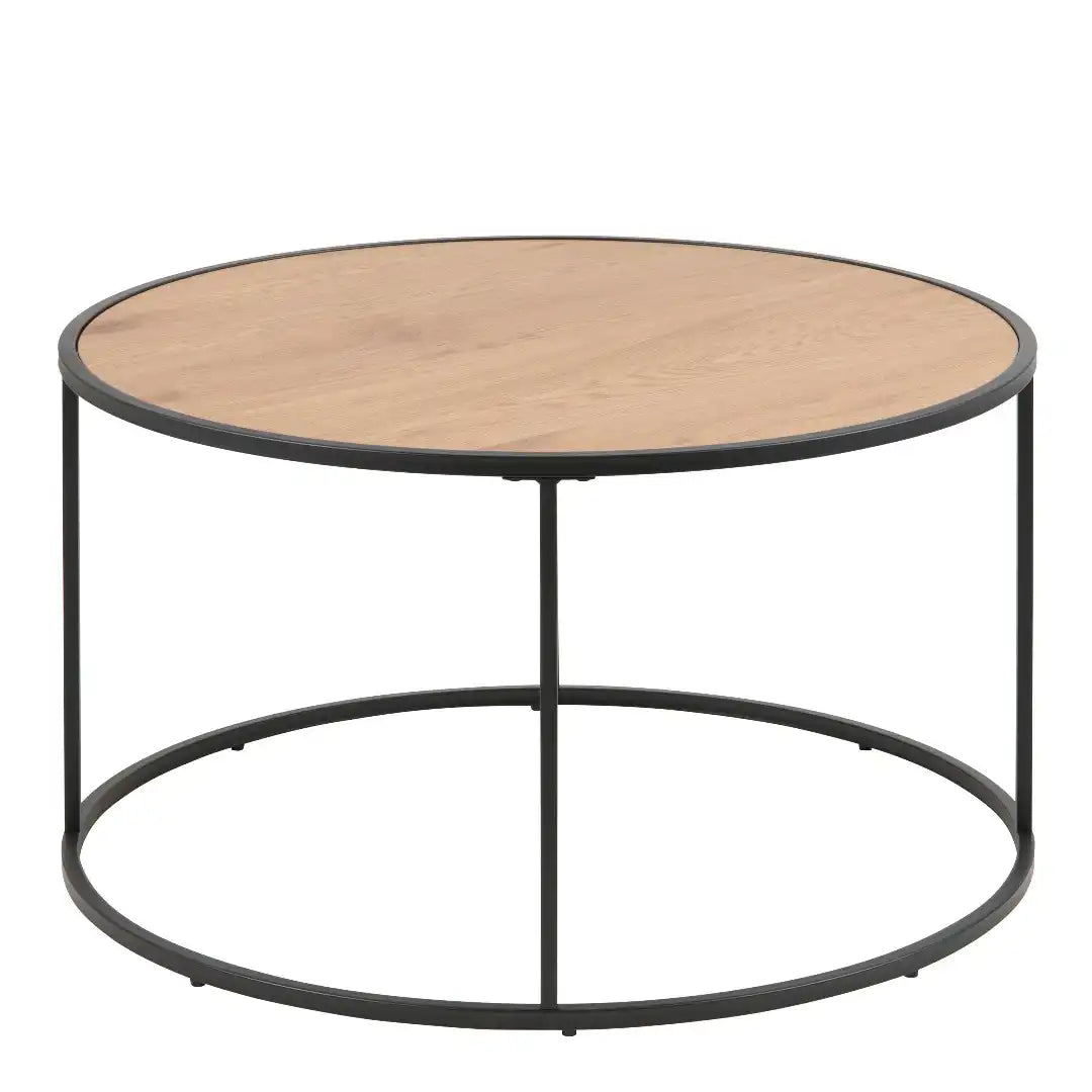 Seaford Black Metal Round Coffee Table with Oak Top - Price Crash Furniture
