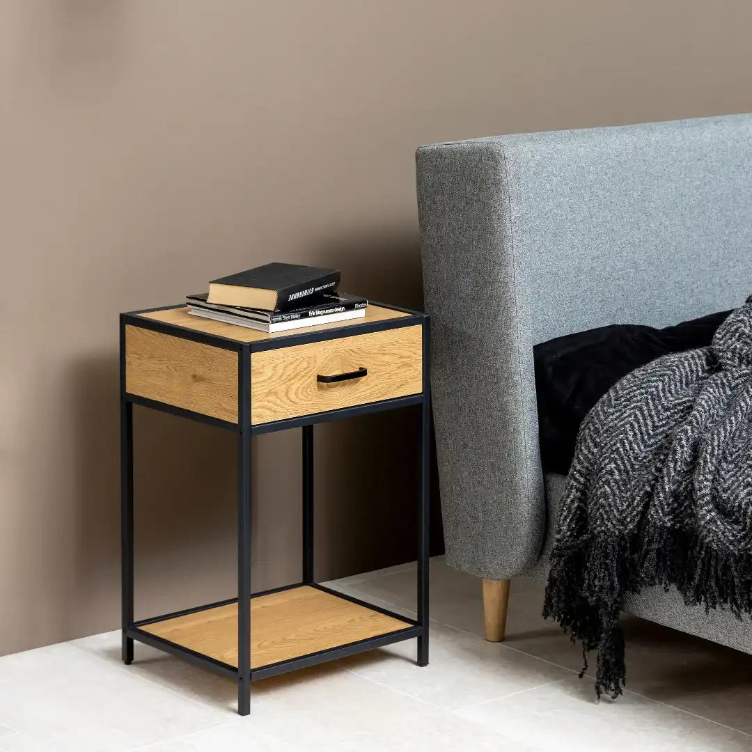 Seaford Bedside Table with 1 Drawer in Black & Oak - Price Crash Furniture