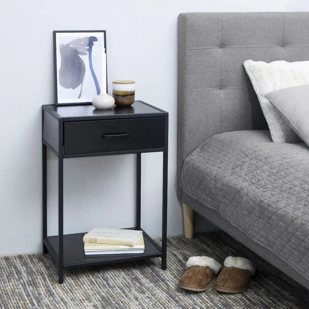Seaford Bedside Table with 1 Drawer in Black - Price Crash Furniture