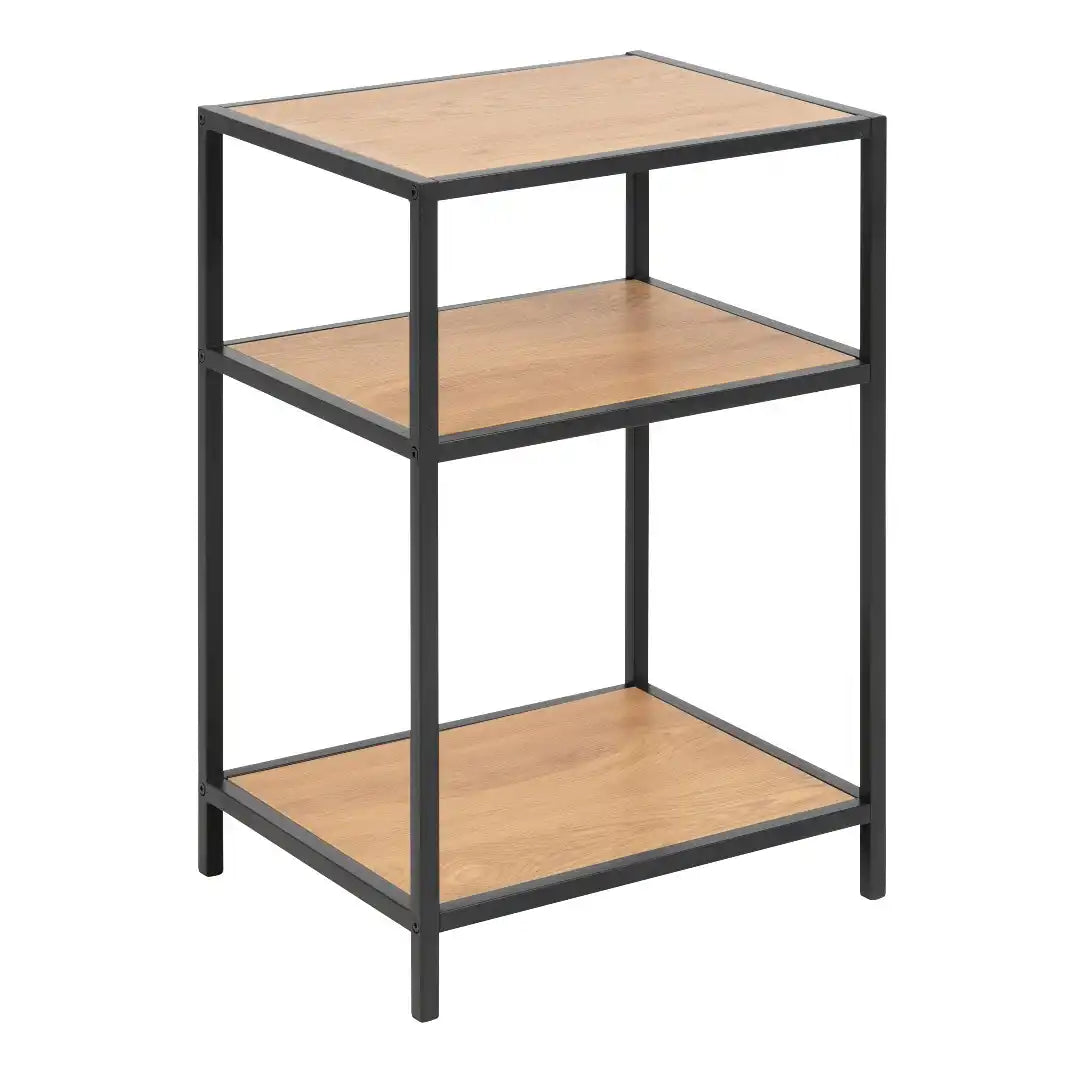 Seaford Black Metal Bedside Table with 2 Oak Shelves - Price Crash Furniture