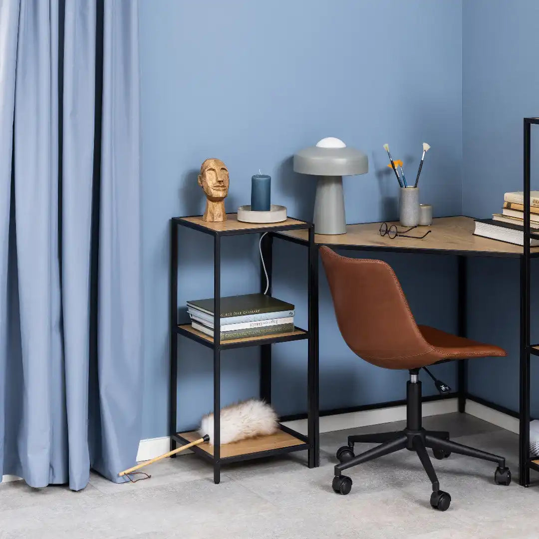 Seaford Narrow Black Metal Bookcase with 2 Oak Shelves - Price Crash Furniture