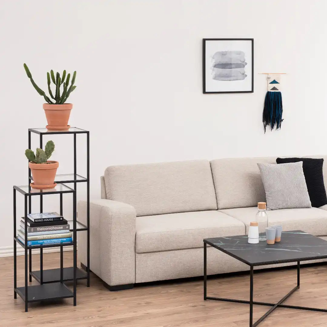 Seaford Narrow Black Metal Bookcase with 3 Glass Shelves - Price Crash Furniture