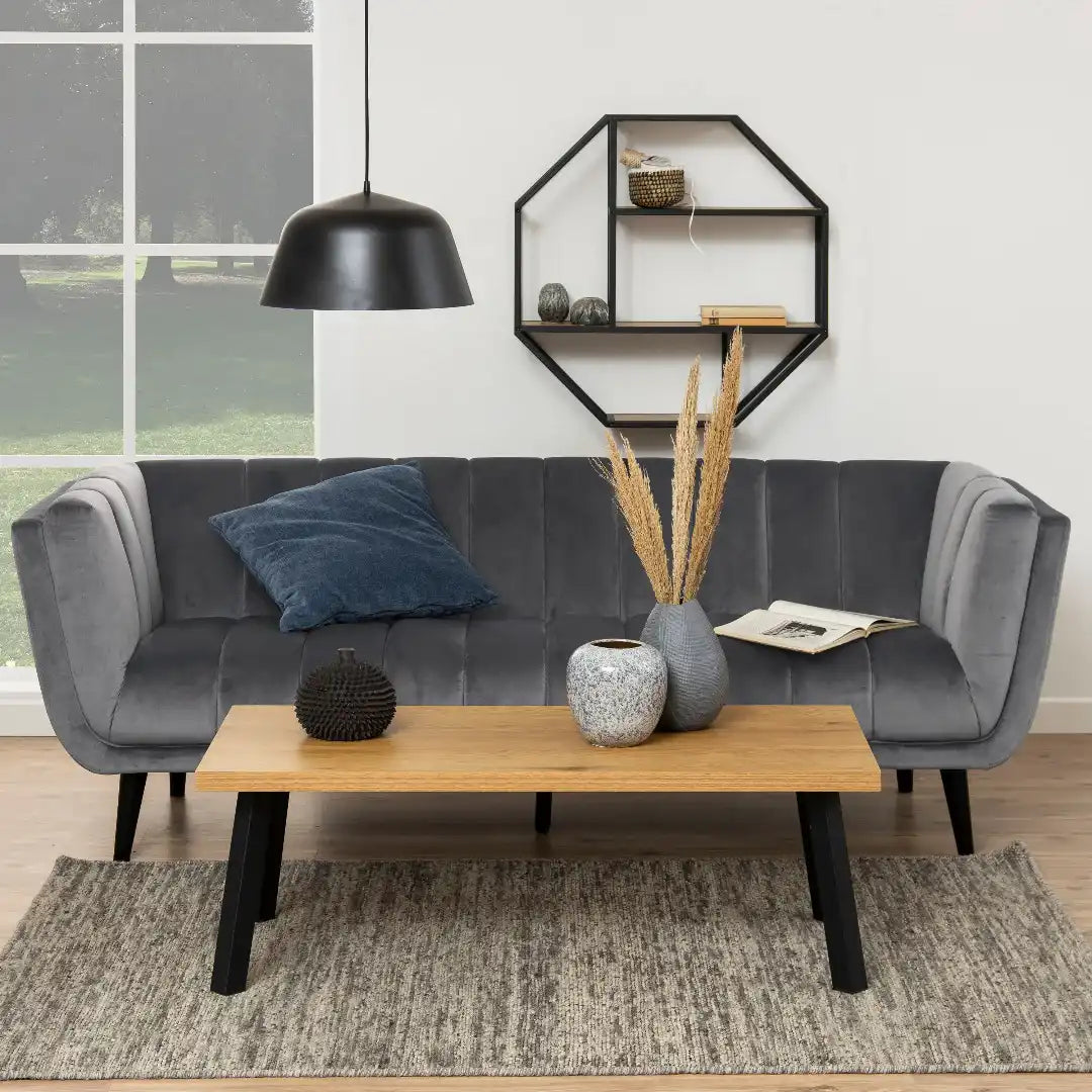 Seaford Octagonal Metal Wall Shelf in Black & Oak - Price Crash Furniture