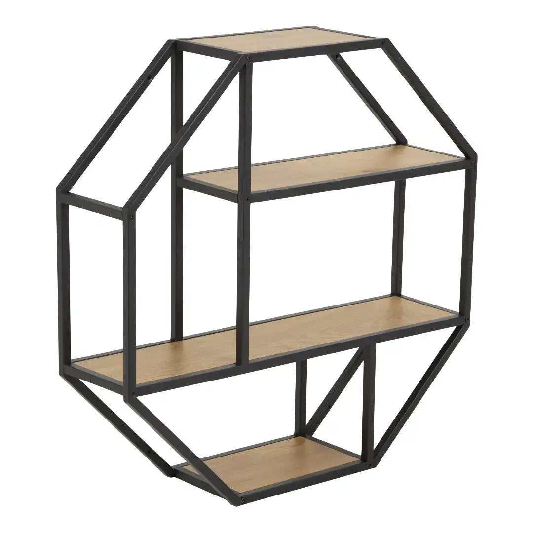 Seaford Octagonal Metal Wall Shelf in Black & Oak - Price Crash Furniture
