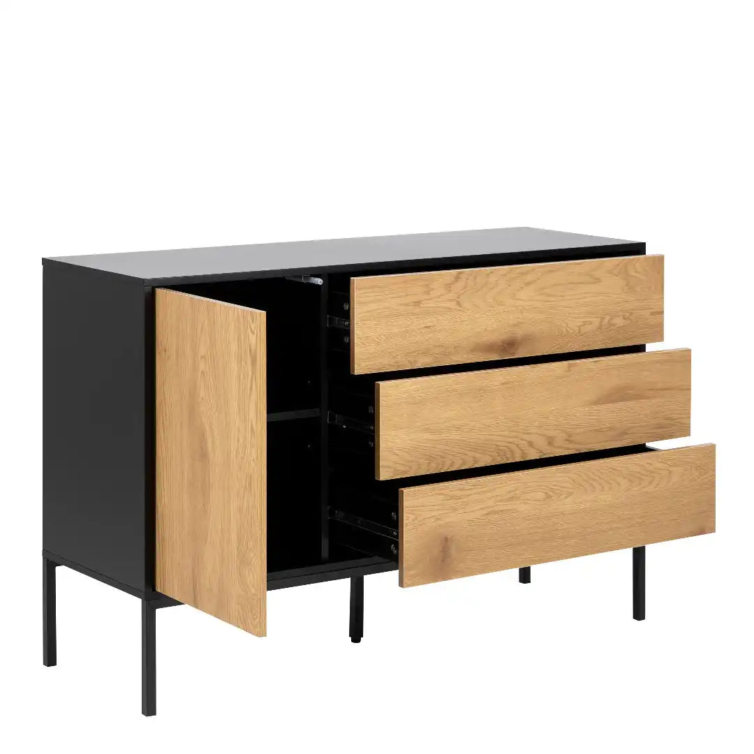 Seaford 1 Door 3 Drawer Small Sideboard in Black & Oak - Price Crash Furniture