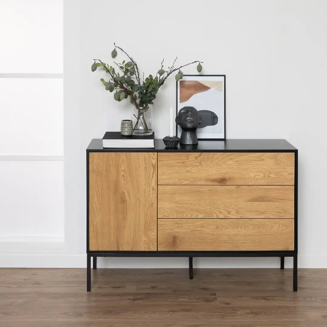 Seaford 1 Door 3 Drawer Small Sideboard in Black & Oak - Price Crash Furniture
