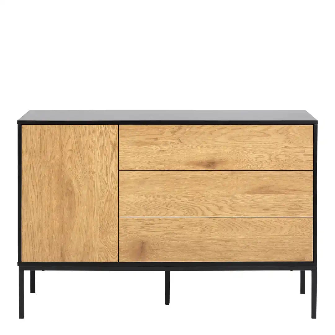 Seaford 1 Door 3 Drawer Small Sideboard in Black & Oak - Price Crash Furniture