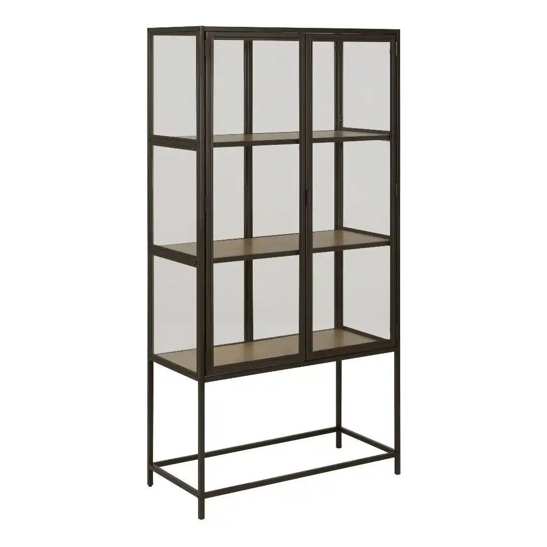 Seaford 2 Glass Door Display Cabinet in Black & Oak - Price Crash Furniture