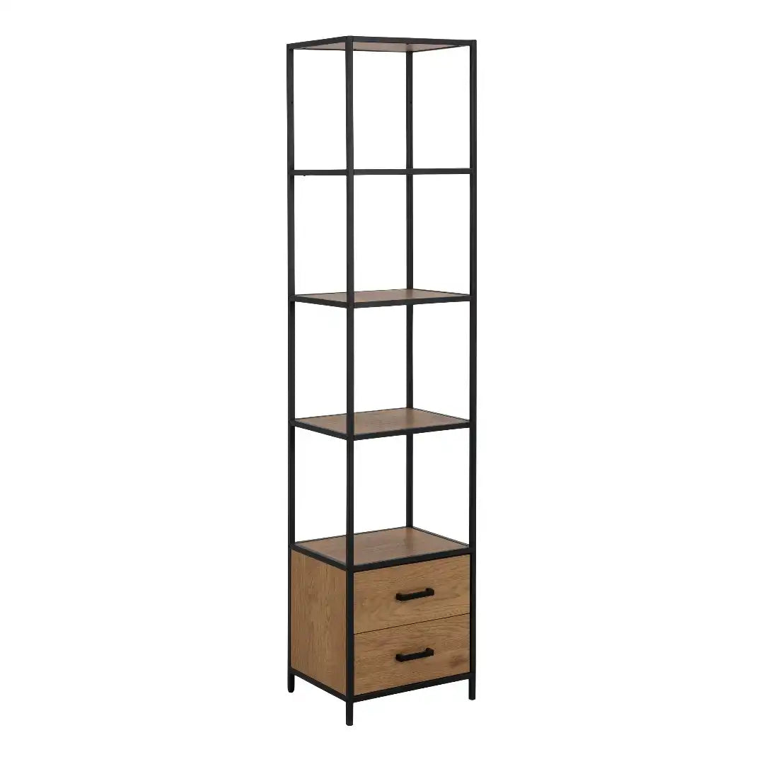 Seaford Bookcase with 2 Drawers and 3 Shelves in Black & Oak - Price Crash Furniture