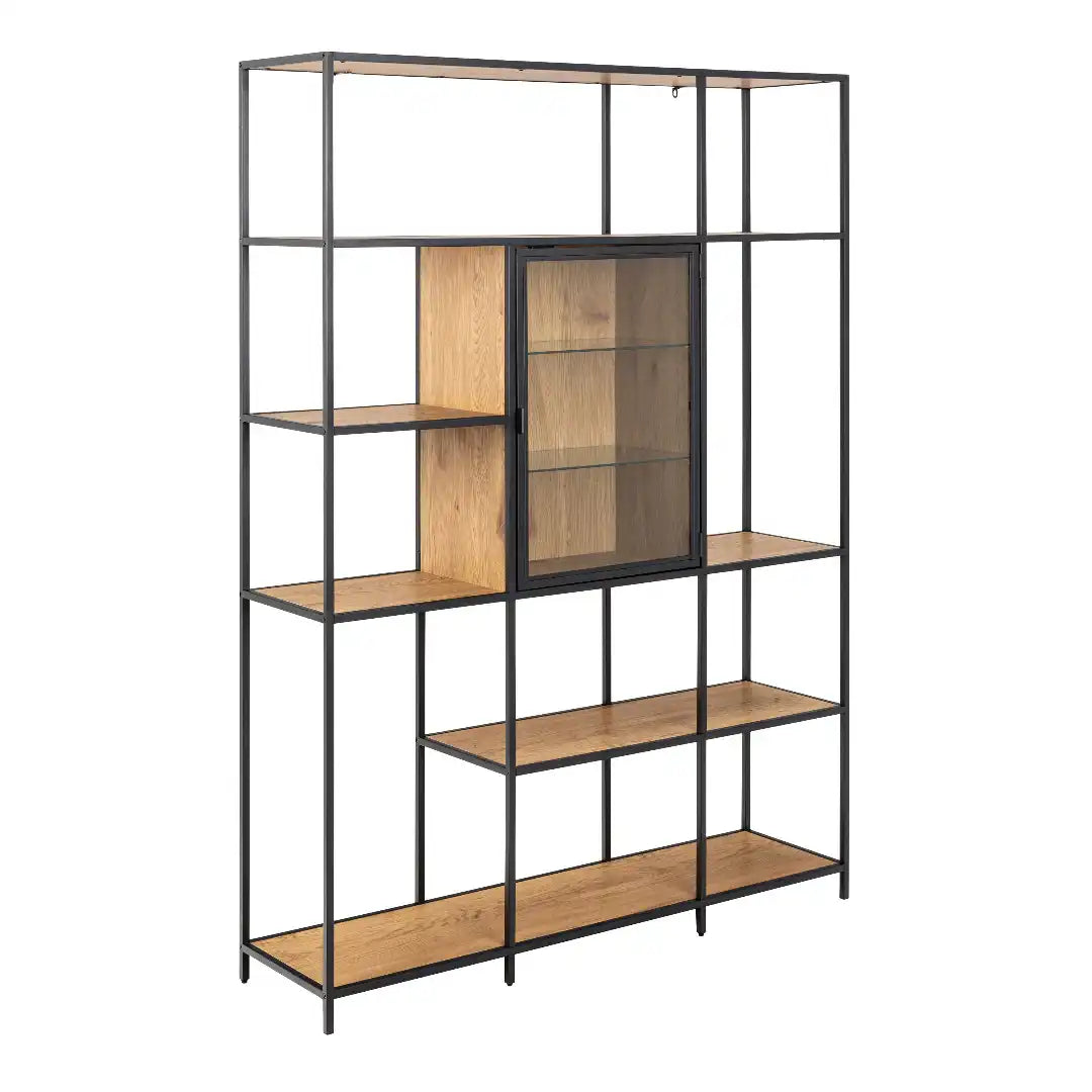 Seaford Bookcase with 7 Shelves and Glass Front Display in Black and Oak - Price Crash Furniture