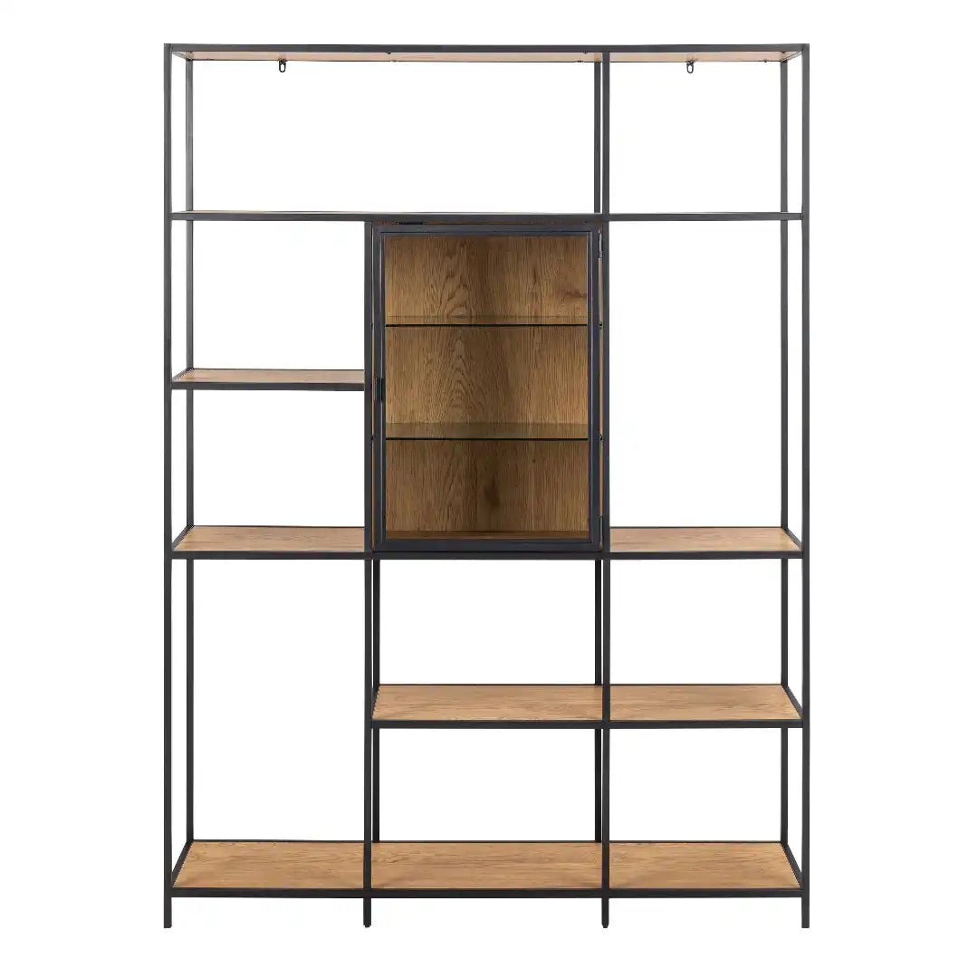 Seaford Bookcase with 7 Shelves and Glass Front Display in Black and Oak - Price Crash Furniture