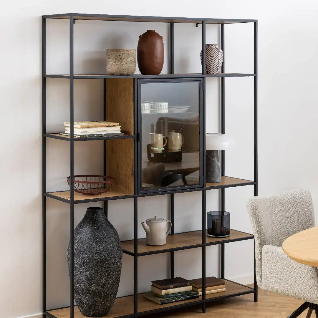 Seaford Bookcase with 7 Shelves and Glass Front Display in Black and Oak - Price Crash Furniture