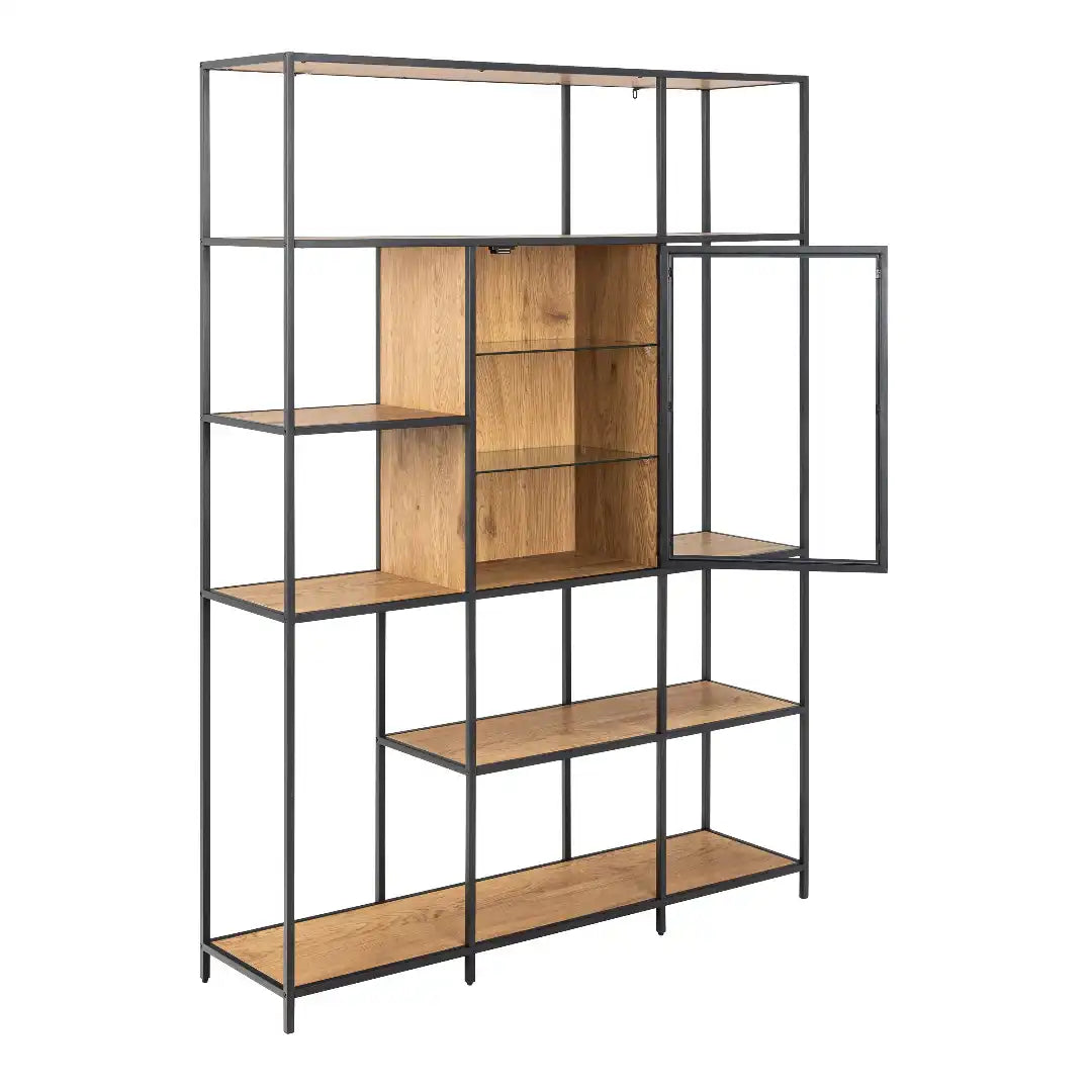 Seaford Bookcase with 7 Shelves and Glass Front Display in Black and Oak - Price Crash Furniture