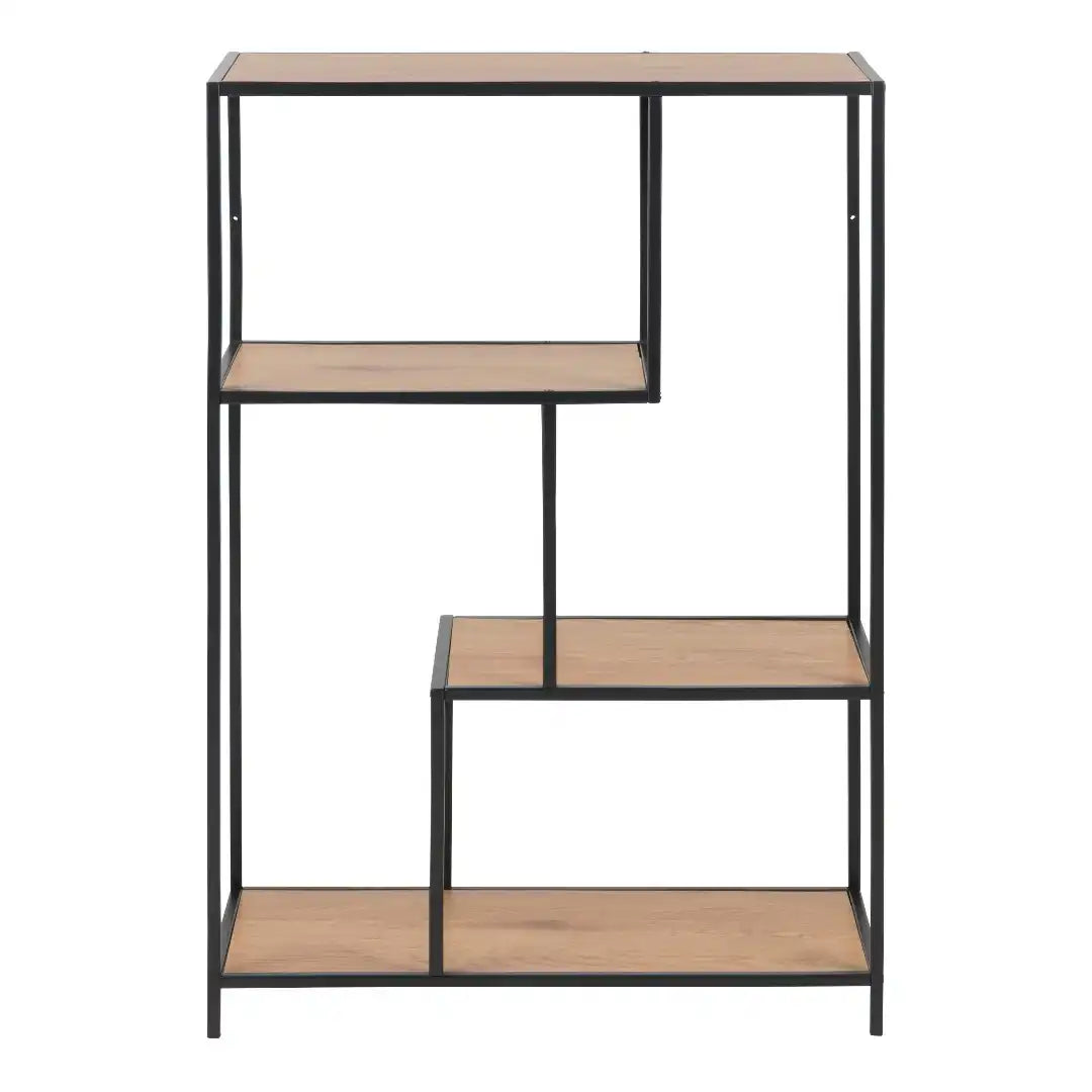 Seaford Black Metal Asymmetrical Bookcase with 3 Oak Shelves - Price Crash Furniture