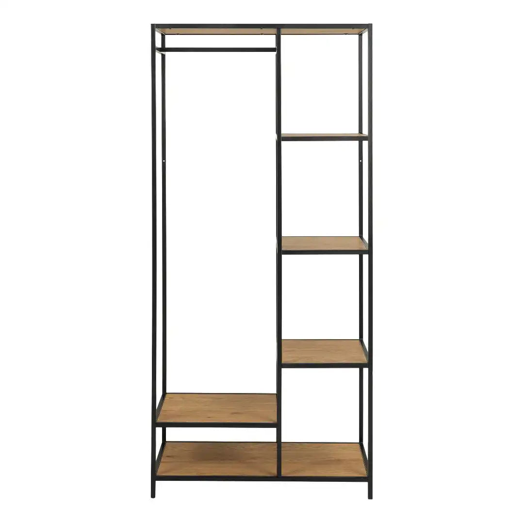 Seaford Black Metal Clothes Rack with 5 Oak Shelves - Price Crash Furniture