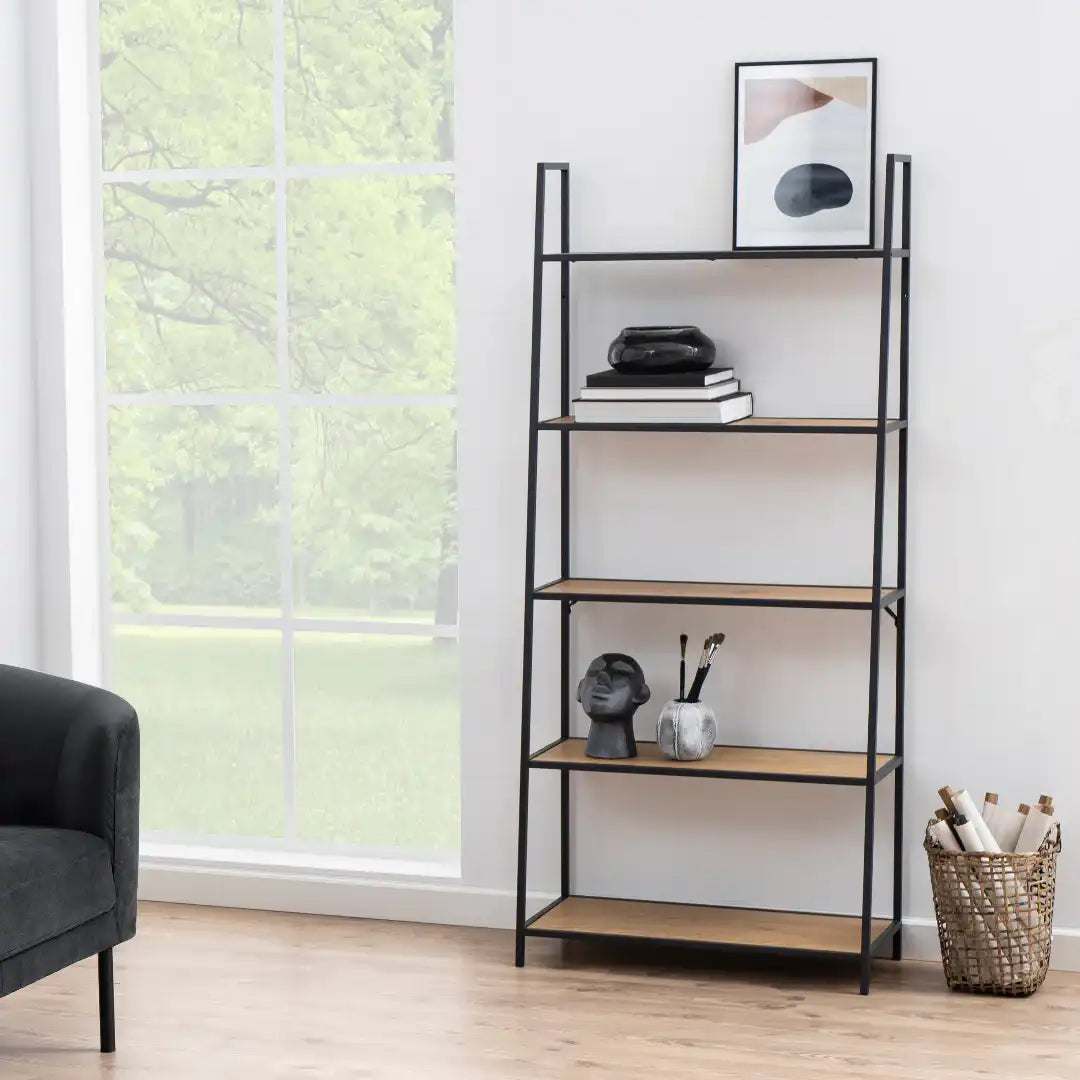Seaford Black Metal Ladder Bookcase with 5 Oak Shelves - Price Crash Furniture