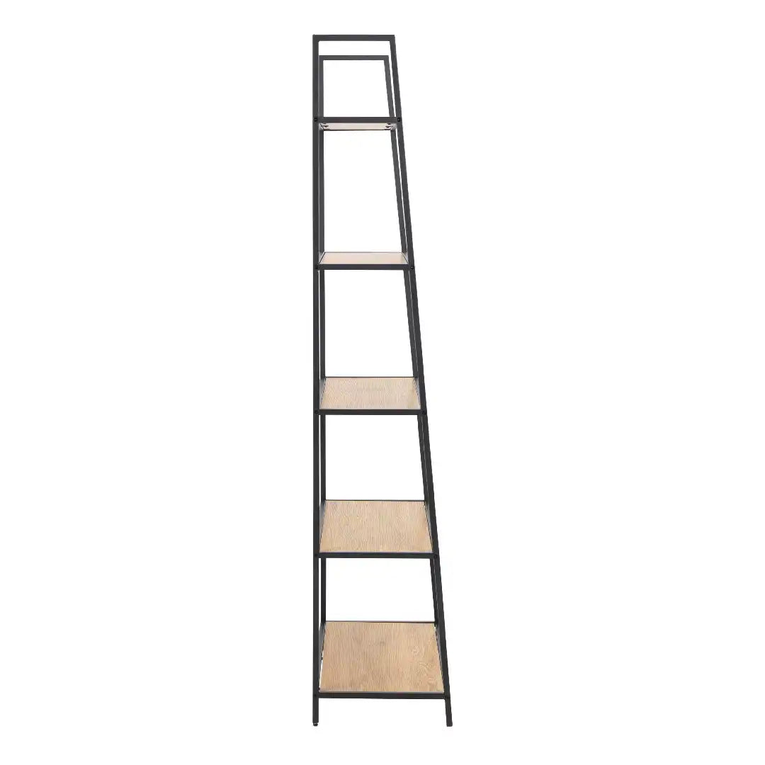 Seaford Black Metal Ladder Bookcase with 5 Oak Shelves - Price Crash Furniture