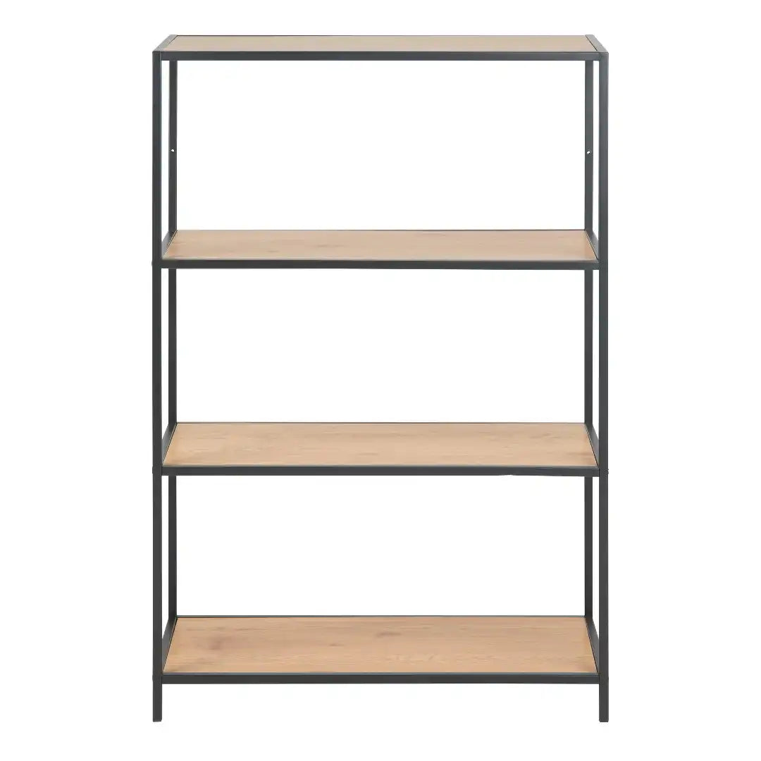 Seaford Black Metal Low Bookcase with 3 Oak Shelves - Price Crash Furniture