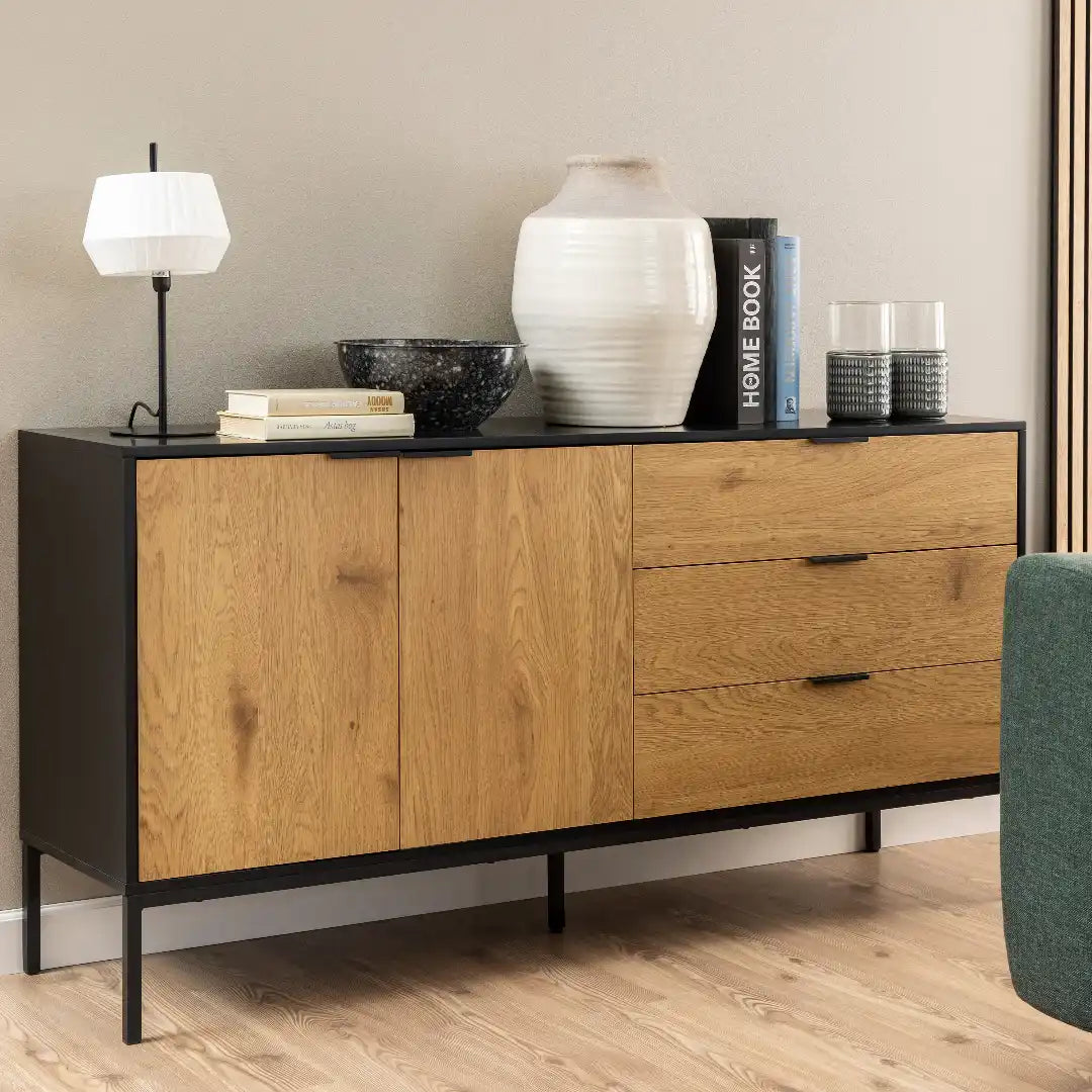 Seaford Sideboard with 2 Doors and 3 Drawers in Black - Price Crash Furniture