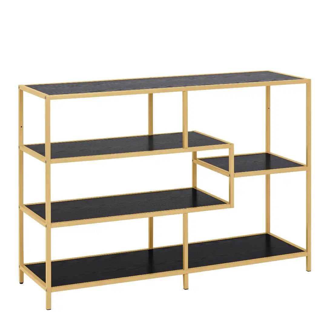 Seaford Wide Gold Metal Bookcase with 4 Black Shelves - Price Crash Furniture