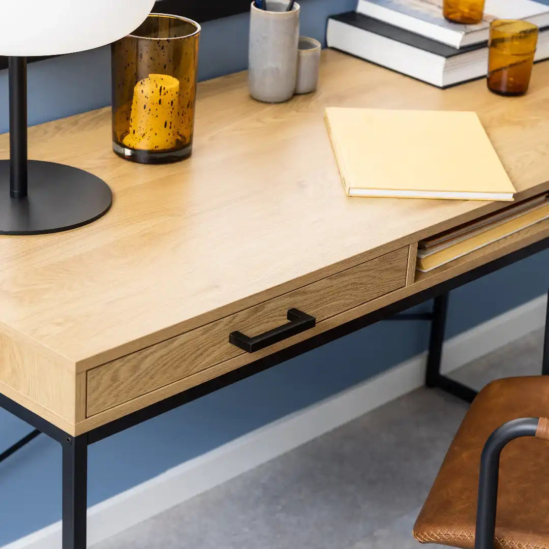 Seaford Office Desk with 1 Drawer in Black and Oak - Price Crash Furniture