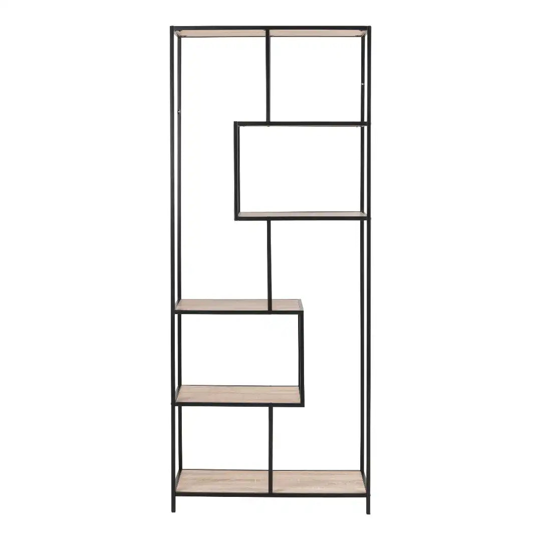 Seaford Tall Black Metal Bookcase with 5 Sonoma Oak Shelves - Price Crash Furniture