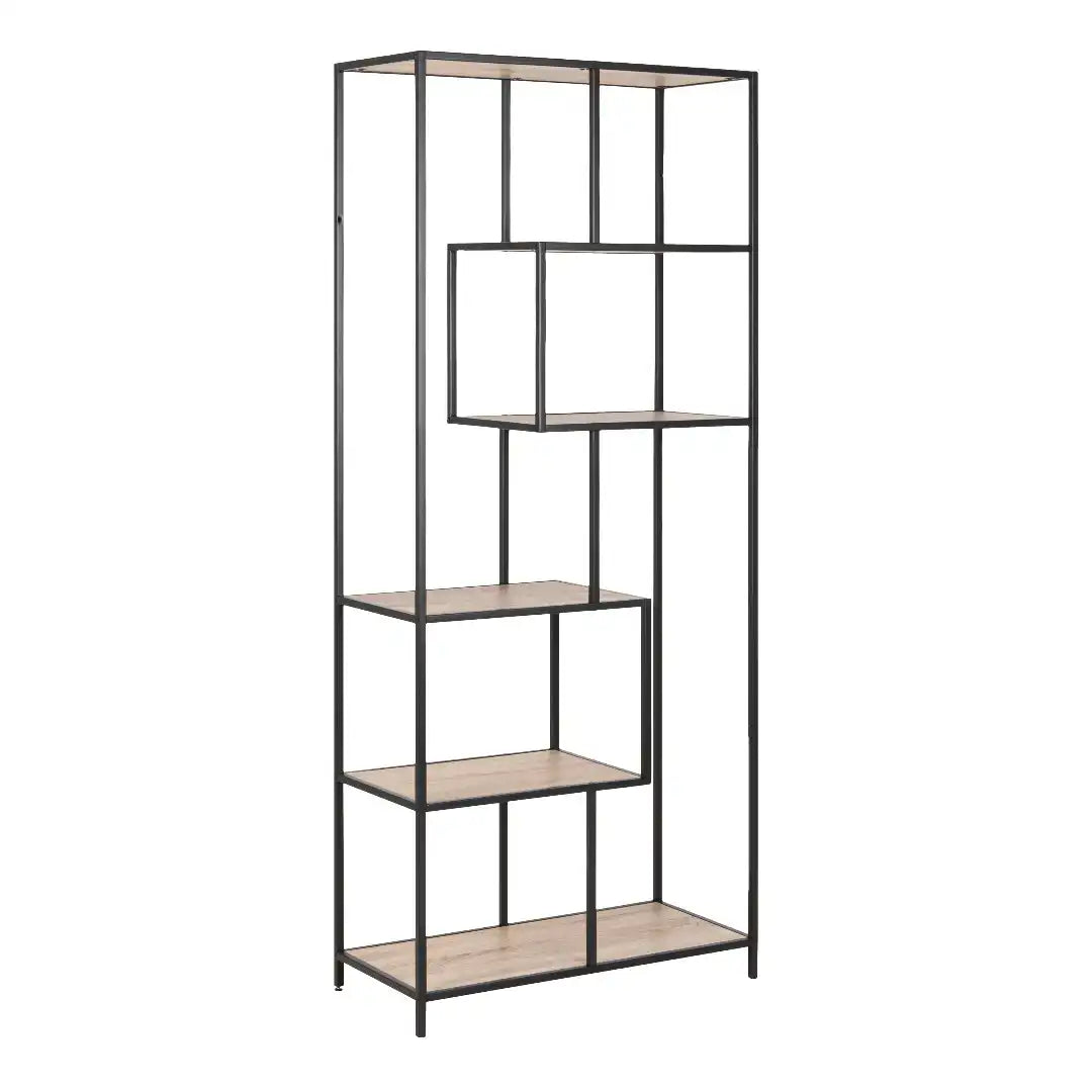 Seaford Tall Black Metal Bookcase with 5 Sonoma Oak Shelves - Price Crash Furniture