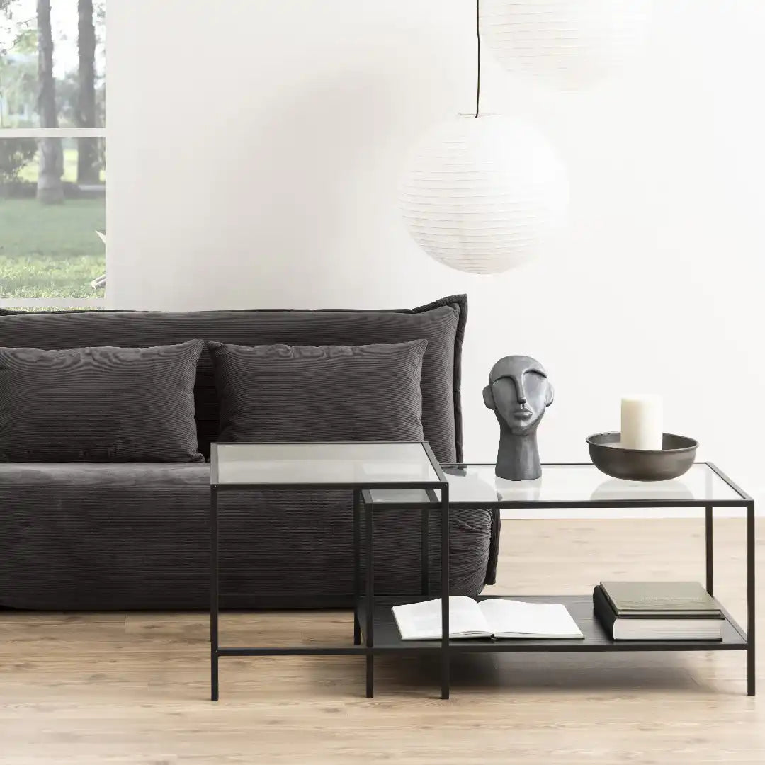 Seaford Black Metal Coffee Table Set with Glass Top - Price Crash Furniture