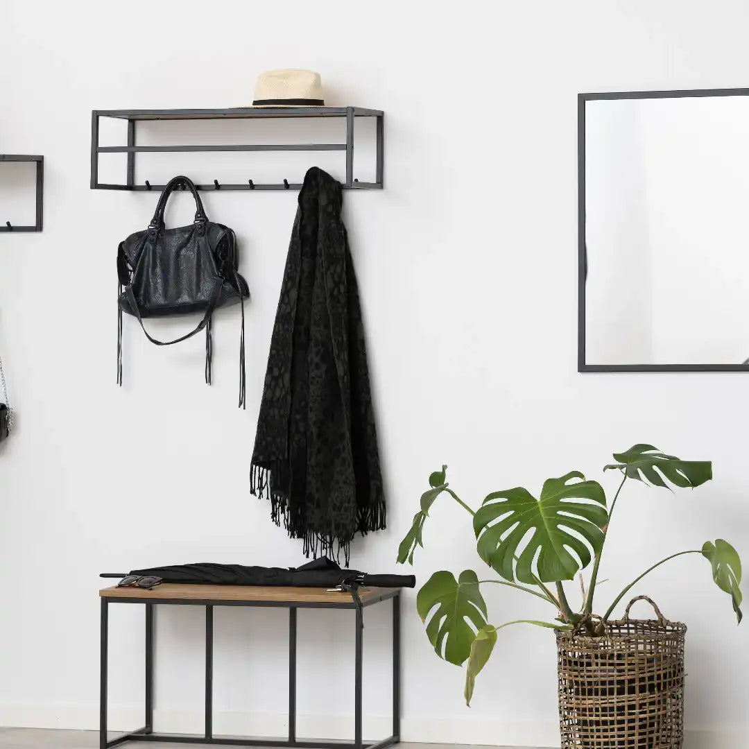 Seaford Black Metal Coat Rack with Oak Top - Price Crash Furniture