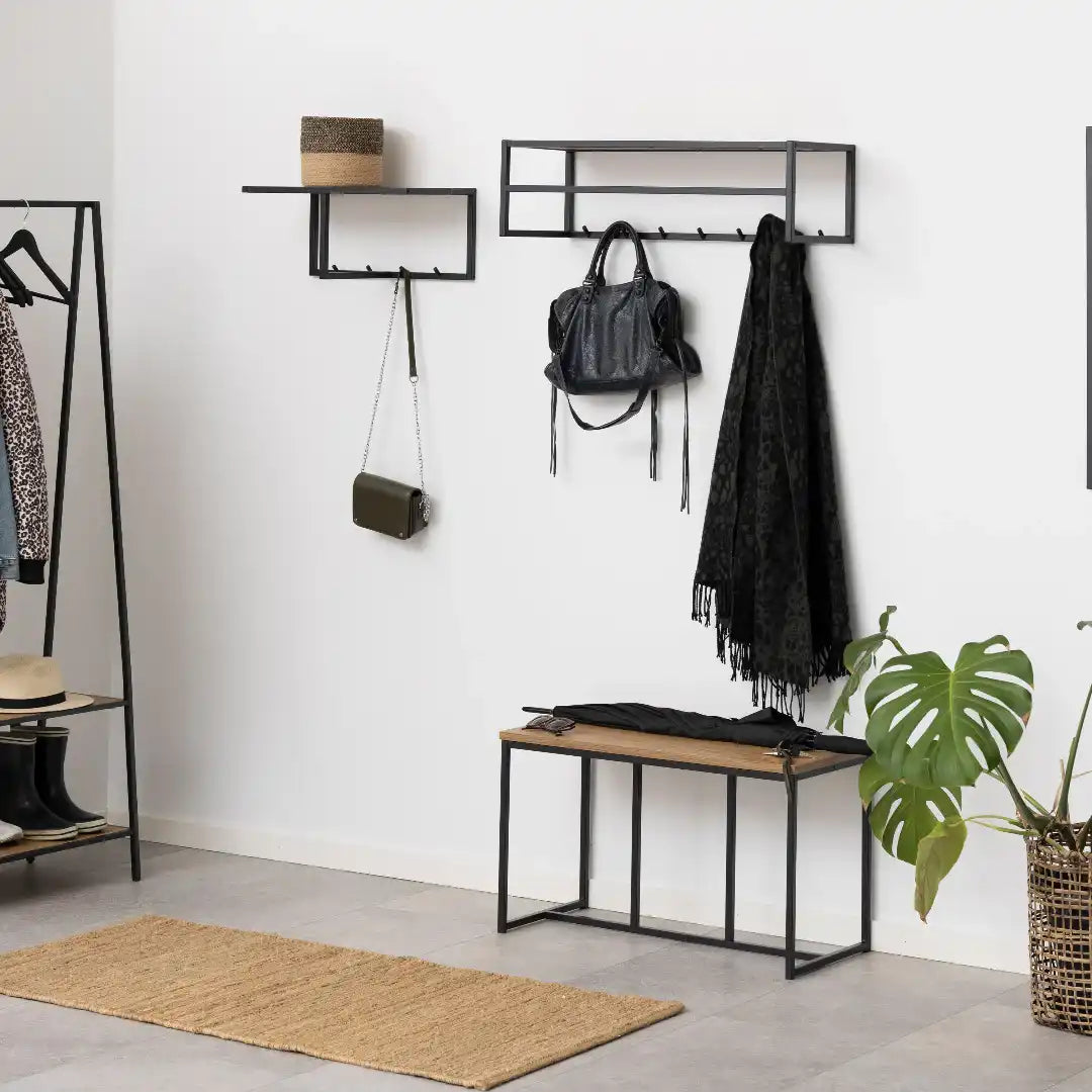 Seaford Black Metal Coat Rack with Oak Top - Price Crash Furniture