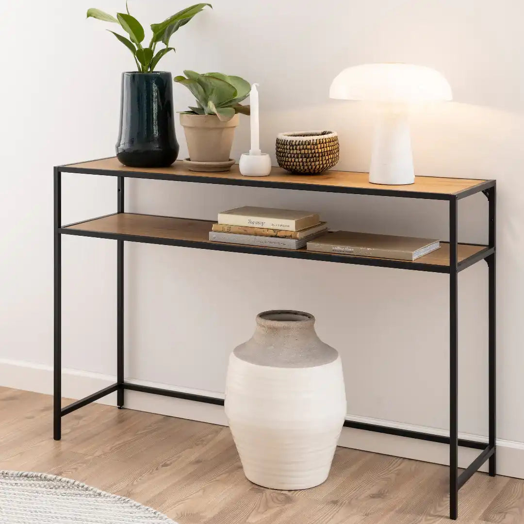 Seaford Black Metal Console Table with Oak Top - Price Crash Furniture