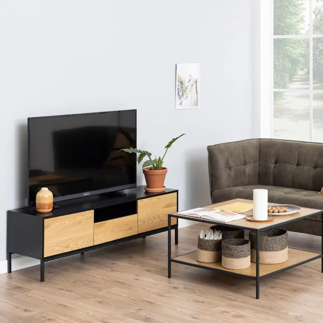 Seaford TV Unit 2 Doors 1 Drawer in Black & Oak - Price Crash Furniture