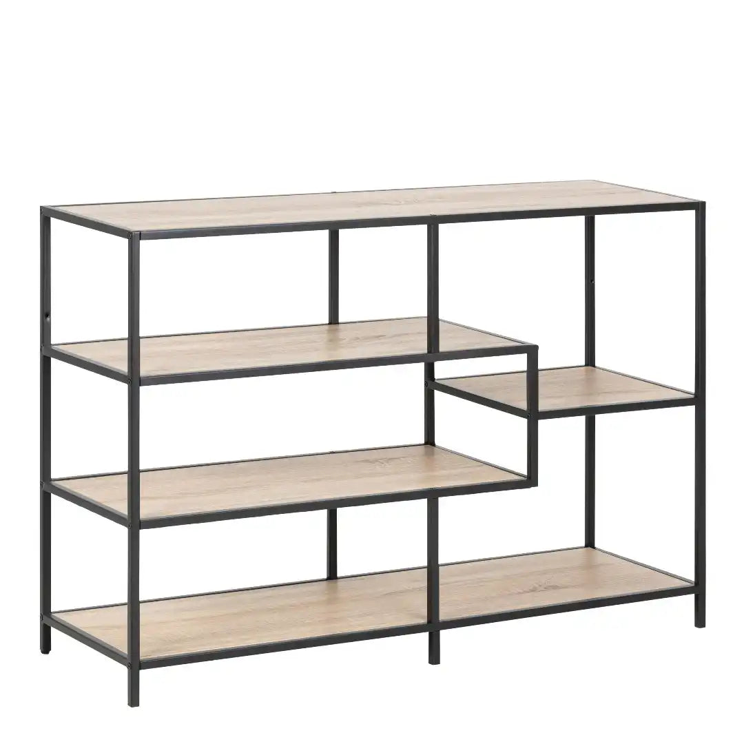 Seaford Wide Black Metal Bookcase with 4 Sonoma Oak Shelves - Price Crash Furniture