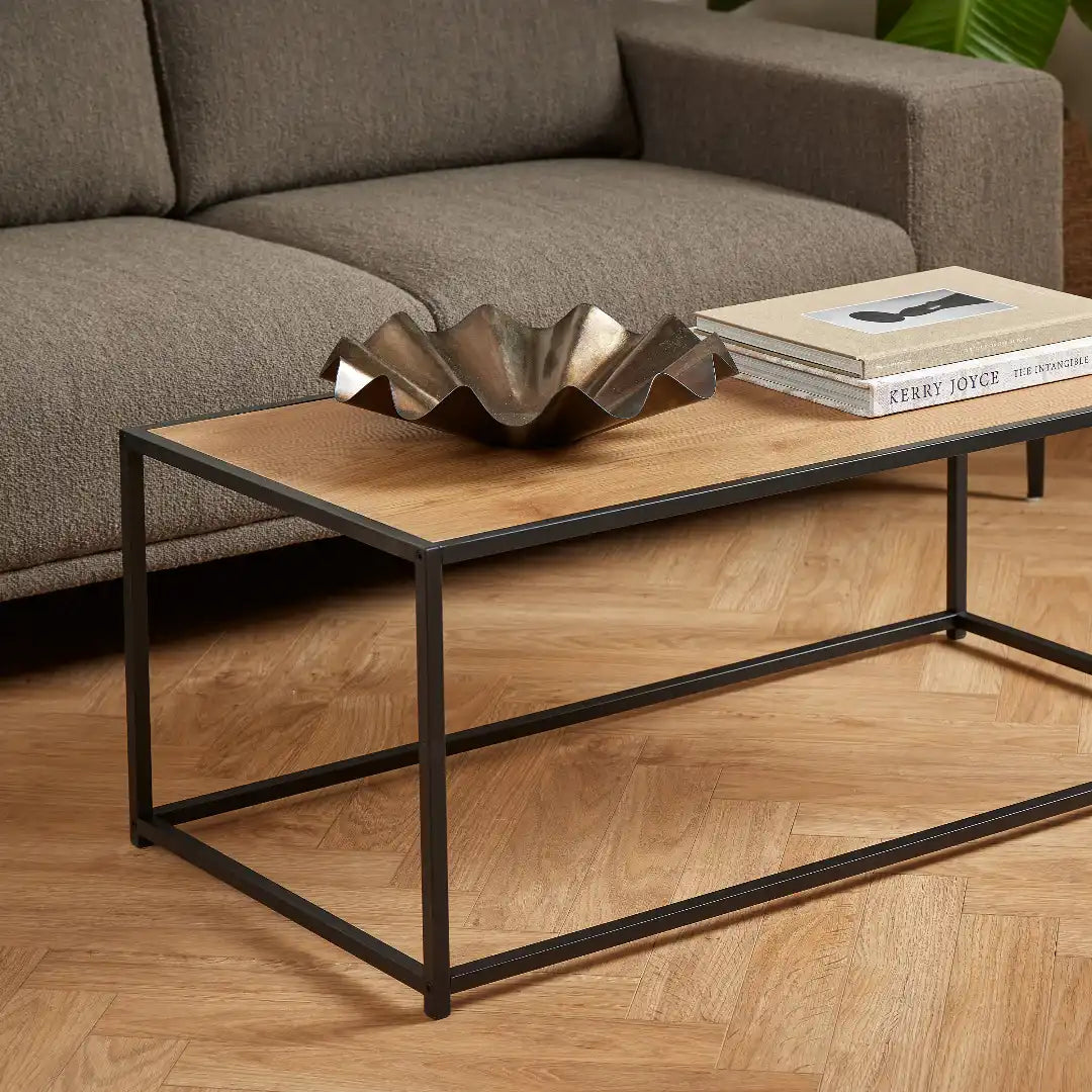 Seaford Rectangular Black Metal Coffee Table with Oak Top - Price Crash Furniture
