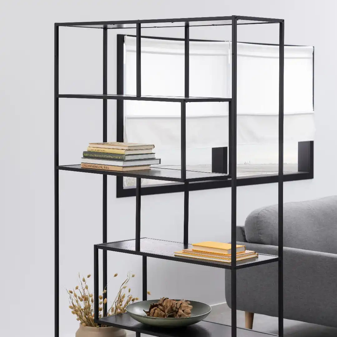 Seaford Black Metal Large Asymmetrical Bookcase with 5 Black Shelves - Price Crash Furniture