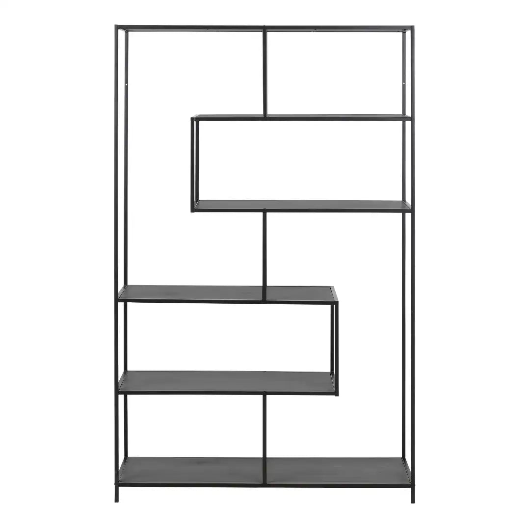 Seaford Black Metal Large Asymmetrical Bookcase with 5 Black Shelves - Price Crash Furniture