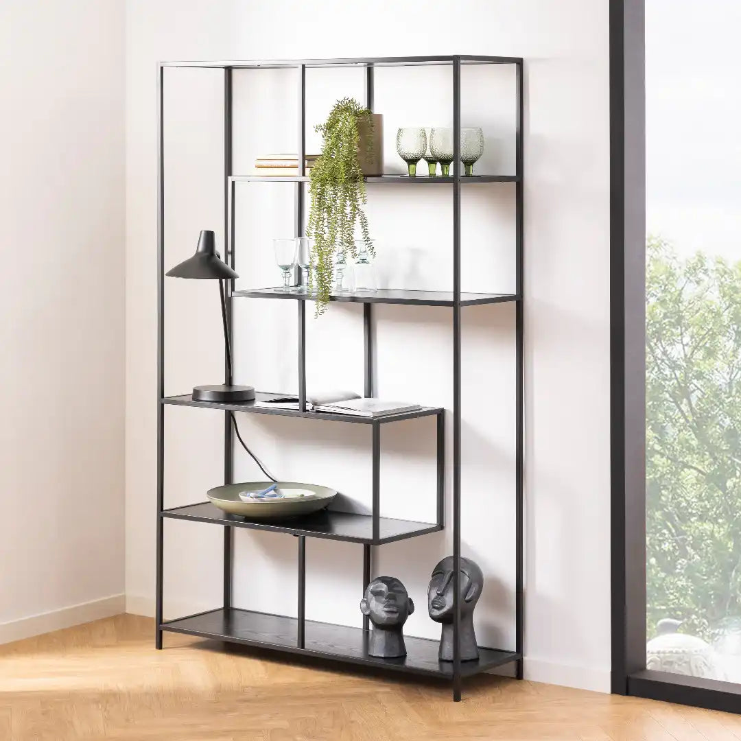 Seaford Black Metal Large Asymmetrical Bookcase with 5 Black Shelves - Price Crash Furniture