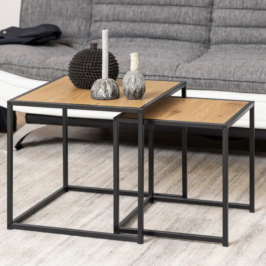 Seaford Black Metal Nest of Tables with Oak Top - Price Crash Furniture
