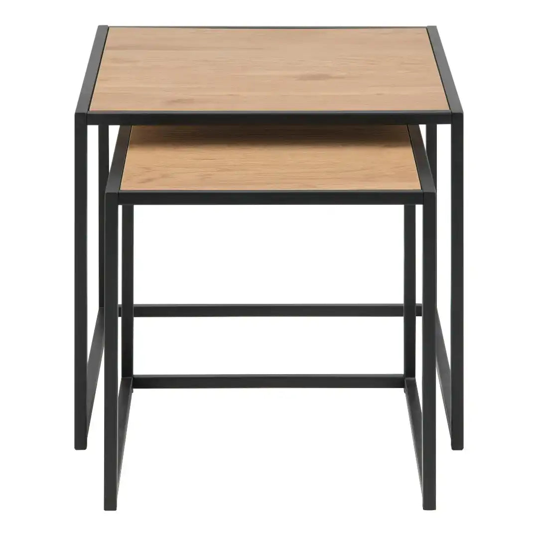 Seaford Black Metal Nest of Tables with Oak Top - Price Crash Furniture