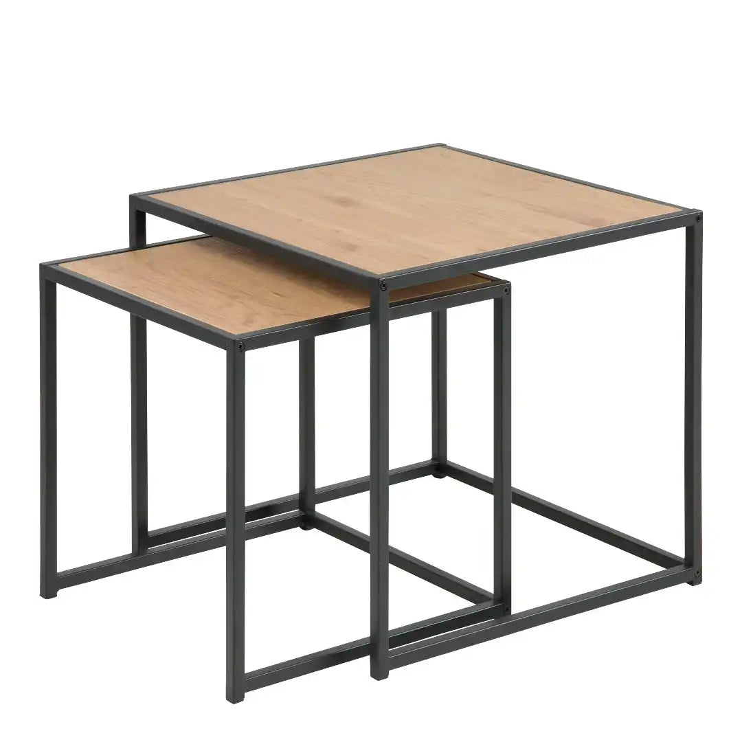 Seaford Black Metal Nest of Tables with Oak Top - Price Crash Furniture