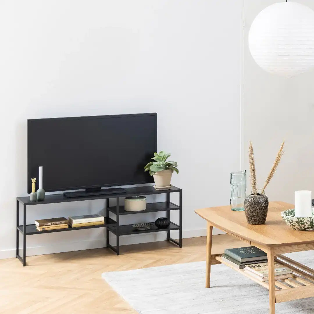 Seaford Black Metal Open TV Unit with 3 Black Shelves - Price Crash Furniture