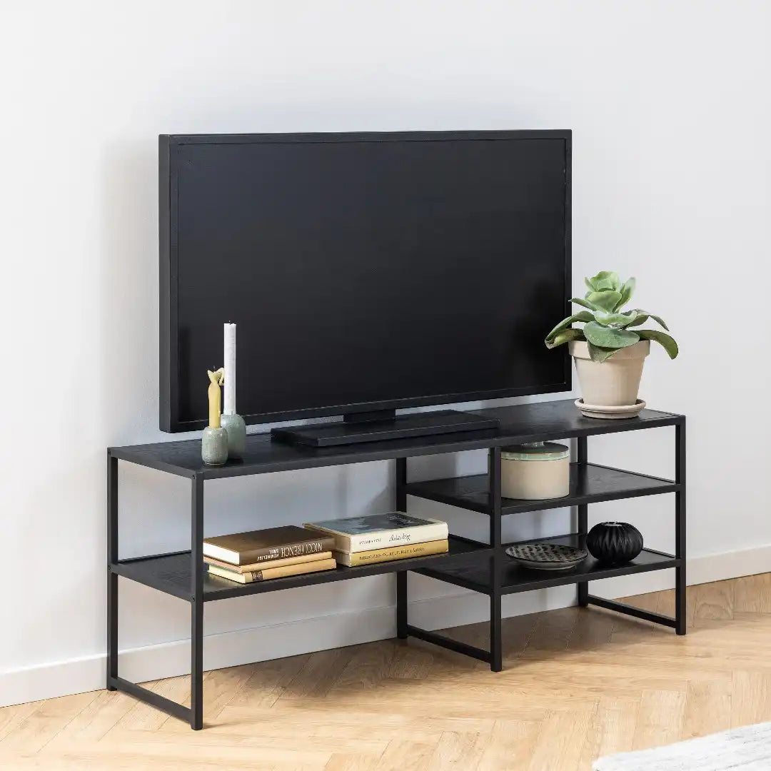 Seaford Black Metal Open TV Unit with 3 Black Shelves - Price Crash Furniture